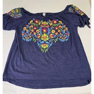 Bare Your Soul Women's XL Blouse Heather Blue Floral